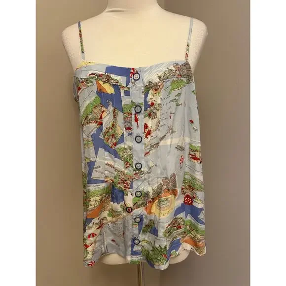 Maeve Anthropologie 100% Silk Souvenir Cami Blue Motif Sz 12 - Picture 3 of 8